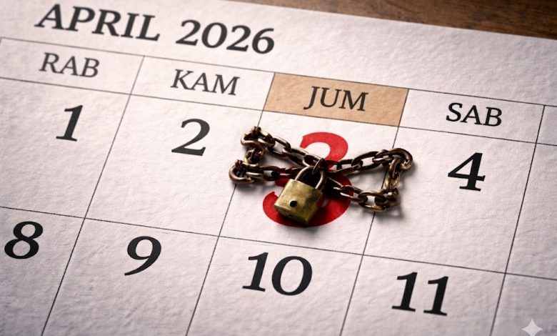 Kalender April 2026 dengan tanggal merah yang terkunci rantai, simbol pembatasan hari libur