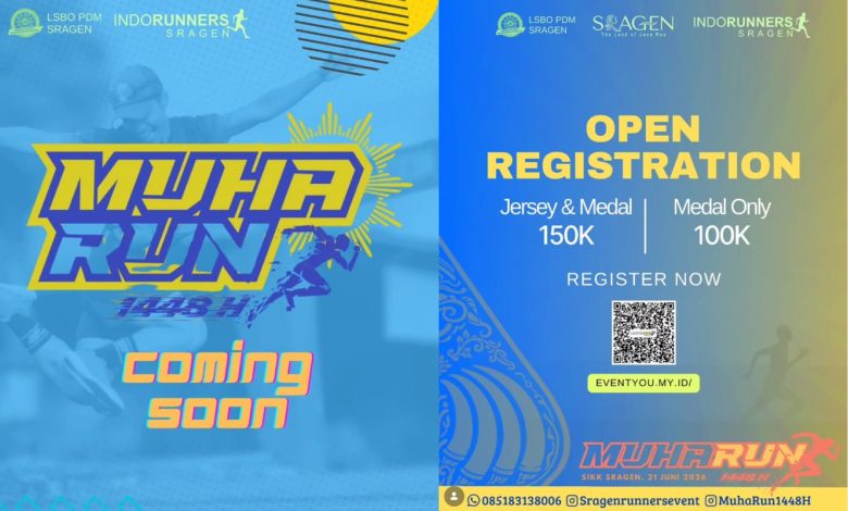 Poster Muharun 1448 H Fun Run 5K di Sragen dengan informasi pendaftaran, harga jersey dan medali, serta jadwal acara 21 Juni 2026