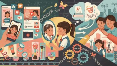 Ilustrasi anak perempuan menggunakan makeup dipengaruhi media sosial, industri kecantikan, dan tekanan standar kecantikan sejak usia dini