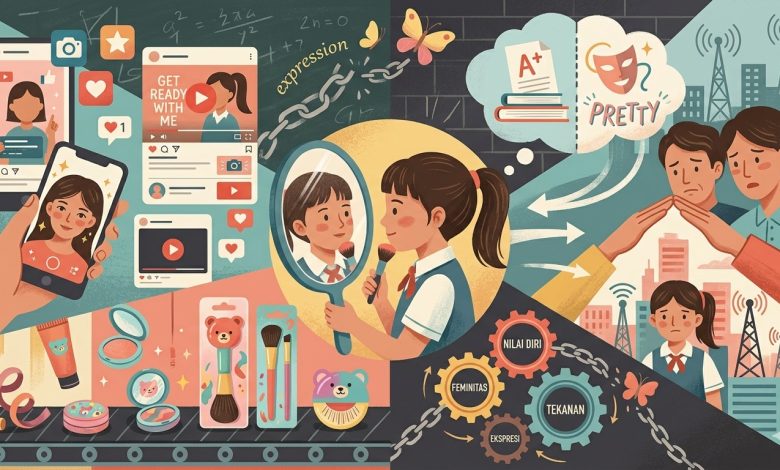 Ilustrasi anak perempuan menggunakan makeup dipengaruhi media sosial, industri kecantikan, dan tekanan standar kecantikan sejak usia dini