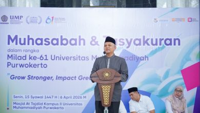 Prof. H. Ahmad Muttaqin menyampaikan refleksi dalam Muhasabah dan Tasyakuran Milad ke-61 UMP di Masjid At-Tajdid Kampus II Universitas Muhammadiyah Purwokerto.