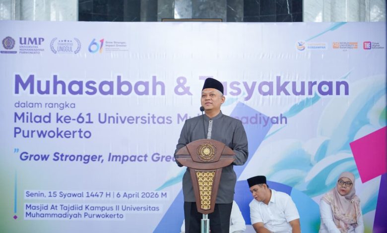 Prof. H. Ahmad Muttaqin menyampaikan refleksi dalam Muhasabah dan Tasyakuran Milad ke-61 UMP di Masjid At-Tajdid Kampus II Universitas Muhammadiyah Purwokerto.