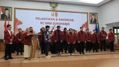 Pelantikan dan Rakorcab PC IMM Sukoharjo di Auditorium Moh. Djazman UMS dengan jajaran pengurus berdiri di atas panggung.