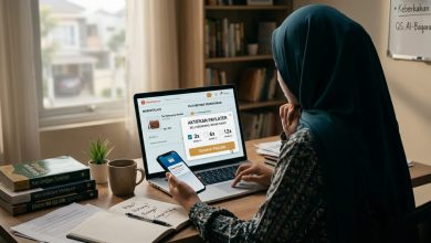 Ilustrasi seorang perempuan menggunakan fitur PayLater di marketplace untuk berbelanja online