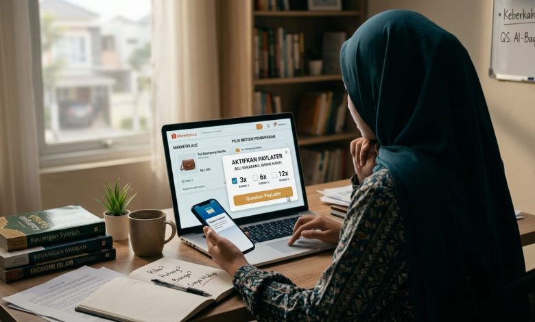 Ilustrasi seorang perempuan menggunakan fitur PayLater di marketplace untuk berbelanja online
