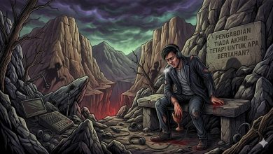 Ilustrasi pria kelelahan duduk di tepi jurang dengan suasana gelap, menggambarkan lelah dalam hidup dan pertanyaan tentang makna bertahan