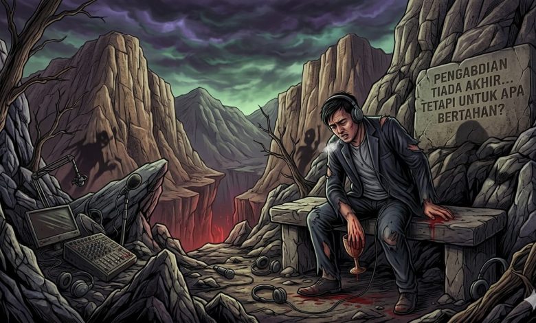 Ilustrasi pria kelelahan duduk di tepi jurang dengan suasana gelap, menggambarkan lelah dalam hidup dan pertanyaan tentang makna bertahan