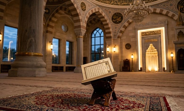 Ilustrasi Ayat Kursi dengan Al-Qur’an terbuka di atas rehal di dalam masjid.