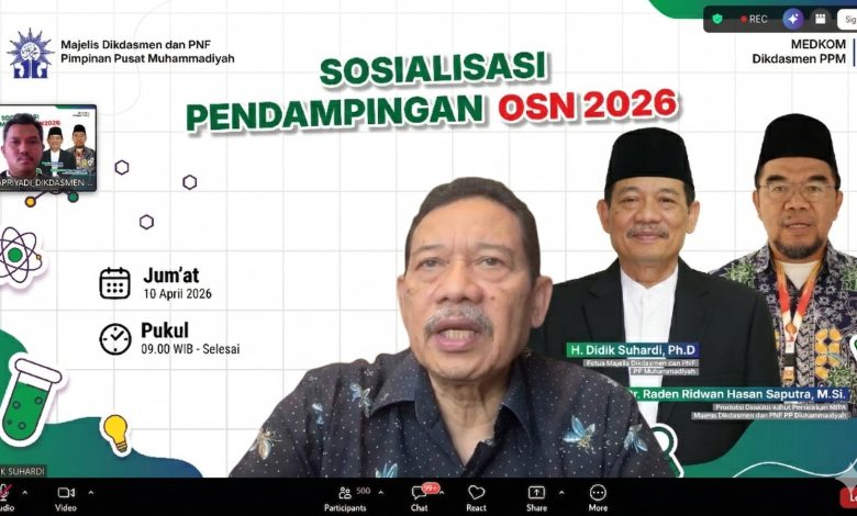 Tangkapan layar sosialisasi pendampingan OSN 2026 yang digelar Majelis Dikdasmen dan PNF PP Muhammadiyah secara daring melalui Zoom Meeting.