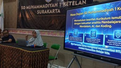 Kepala SD Muhammadiyah 1 Ketelan Surakarta memaparkan peta jalan sekolah berkemajuan dalam kegiatan PMO Sekolah Model PM-K di depan layar presentasi.