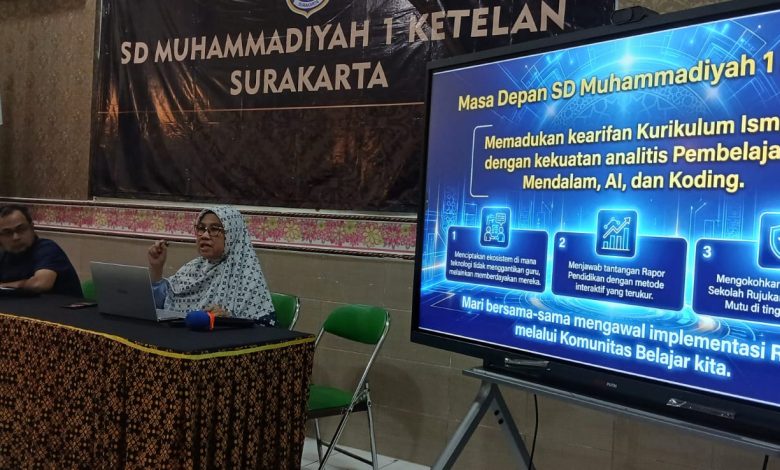 Kepala SD Muhammadiyah 1 Ketelan Surakarta memaparkan peta jalan sekolah berkemajuan dalam kegiatan PMO Sekolah Model PM-K di depan layar presentasi.