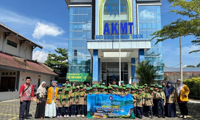 Siswa MI Muhammadiyah Klepu berfoto bersama guru pendamping saat kegiatan outing class di Kantor PDM Temanggung.