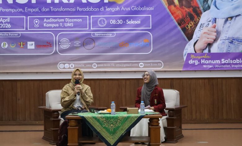 Suasana Seminar Inspirasi Keperempuanan IMM FIK UMS dengan narasumber dan moderator di Auditorium Moh. Djazman Kampus 1 UMS.