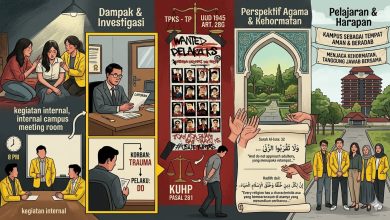 Ilustrasi infografis tentang kasus dugaan pelecehan seksual di kampus yang menampilkan dampak bagi korban, proses investigasi, perspektif hukum, nilai agama, dan harapan agar kampus menjadi tempat aman dan beradab.