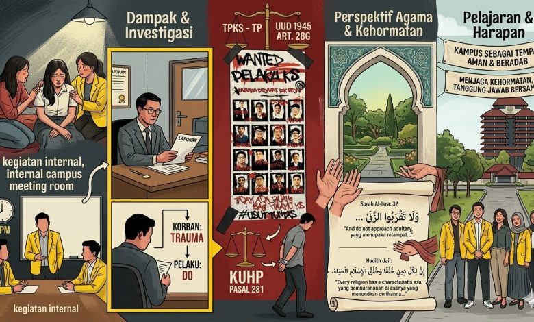 Ilustrasi infografis tentang kasus dugaan pelecehan seksual di kampus yang menampilkan dampak bagi korban, proses investigasi, perspektif hukum, nilai agama, dan harapan agar kampus menjadi tempat aman dan beradab.