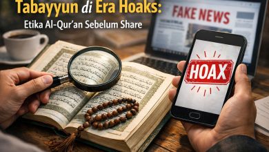 Ilustrasi realistis tentang tabayyun di era hoaks, menampilkan Al-Qur’an, kaca pembesar, dan ponsel bertuliskan hoax sebagai simbol pentingnya verifikasi informasi sebelum membagikannya.