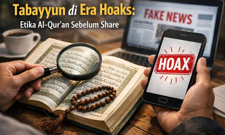 Ilustrasi realistis tentang tabayyun di era hoaks, menampilkan Al-Qur’an, kaca pembesar, dan ponsel bertuliskan hoax sebagai simbol pentingnya verifikasi informasi sebelum membagikannya.
