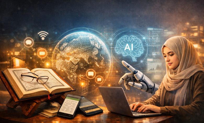 Ilustrasi realistis Al-Qur’an di era digital yang menampilkan mushaf terbuka, perangkat digital, simbol AI, dan seorang perempuan muslim bekerja dengan laptop.