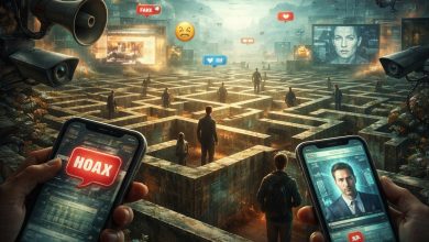 Ilustrasi labirin informasi digital dengan orang-orang menavigasi lorong di tengah hoaks, manipulasi visual, kamera pengawas, dan layar media sosial.