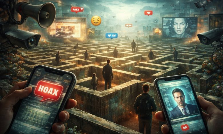 Ilustrasi labirin informasi digital dengan orang-orang menavigasi lorong di tengah hoaks, manipulasi visual, kamera pengawas, dan layar media sosial.