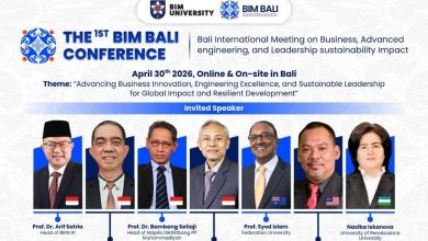 Poster BIM BALI Conference 2026 yang memuat jadwal, pembicara, tema, biaya, dan informasi pendaftaran konferensi internasional di Bali.