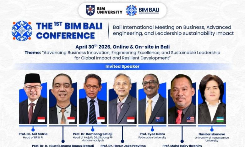 Poster BIM BALI Conference 2026 yang memuat jadwal, pembicara, tema, biaya, dan informasi pendaftaran konferensi internasional di Bali.