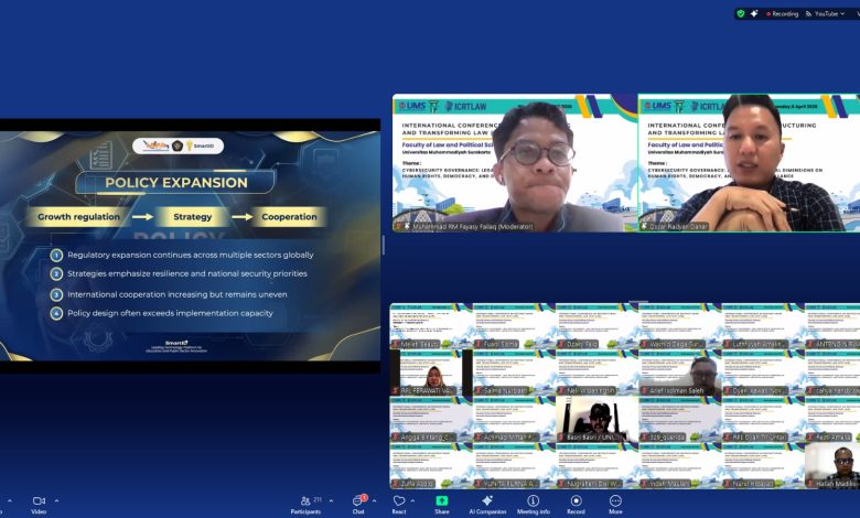 Tangkapan layar konferensi daring ICRTLAW 2026 UMS saat pemateri memaparkan materi tata kelola keamanan siber kepada peserta.