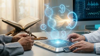 Ilustrasi dialog antara Al-Qur’an, AI, dan embriologi manusia yang menampilkan DNA, fase perkembangan janin, serta cahaya simbolik ruh.