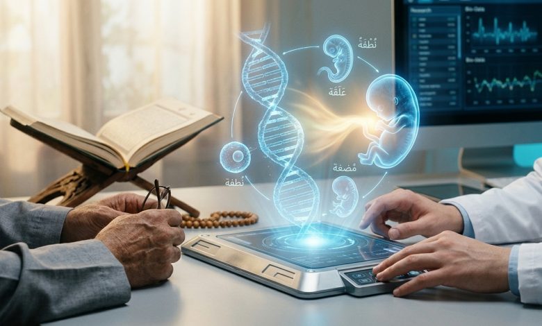 Ilustrasi dialog antara Al-Qur’an, AI, dan embriologi manusia yang menampilkan DNA, fase perkembangan janin, serta cahaya simbolik ruh.