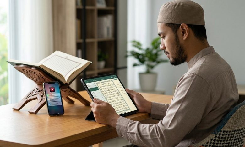 Seorang pria Muslim membaca Al-Qur’an digital melalui tablet di meja, di samping mushaf terbuka dan ponsel dengan notifikasi aktif.