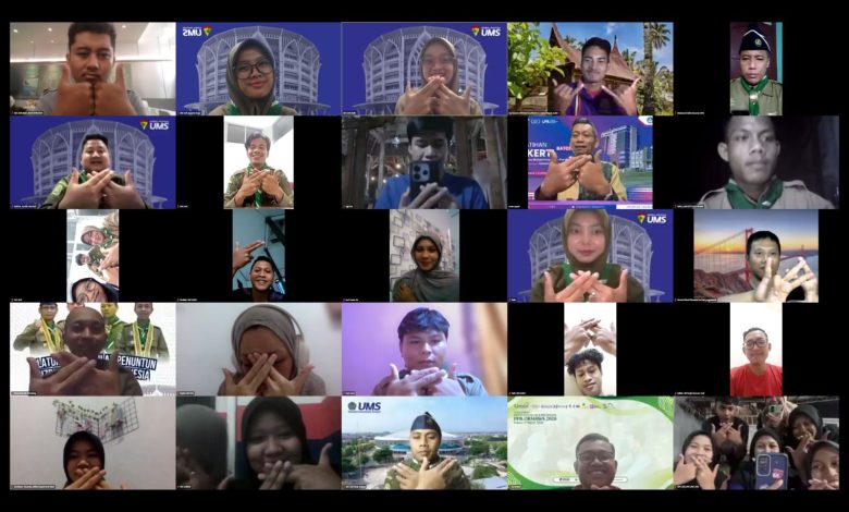 Peserta Silaturahmi Kafilah Penuntun Se-Indonesia mengikuti pertemuan daring melalui Zoom Meeting yang diinisiasi Hizbul Wathan UMS untuk memperkuat koordinasi dan solidaritas nasional.