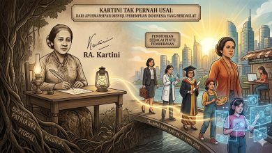 Ilustrasi Hari Kartini menampilkan RA Kartini sedang menulis, dihubungkan dengan perempuan Indonesia masa kini dalam bidang pendidikan, profesi, seni, dan teknologi sebagai simbol emansipasi dan pemberdayaan.