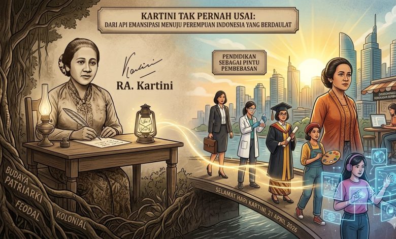 Ilustrasi Hari Kartini menampilkan RA Kartini sedang menulis, dihubungkan dengan perempuan Indonesia masa kini dalam bidang pendidikan, profesi, seni, dan teknologi sebagai simbol emansipasi dan pemberdayaan.
