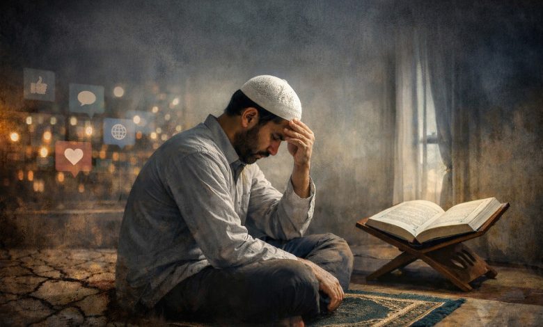 Seorang pria Muslim duduk termenung di atas sajadah di samping Al-Qur’an terbuka, menggambarkan krisis nilai, identitas, dan spiritualitas dalam kehidupan Muslim kontemporer.