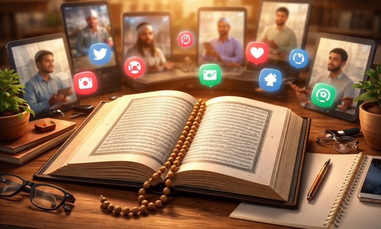 Ilustrasi realistis Al-Qur’an terbuka di atas meja dengan latar perangkat digital dan simbol media sosial, menggambarkan tantangan penafsiran agama di era digital.