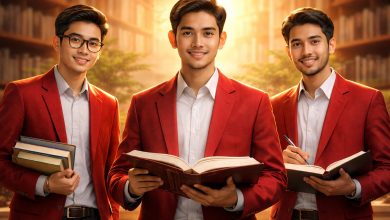 Tiga kader IMM mengenakan jas merah sambil membawa buku dan catatan, menampilkan sosok mahasiswa yang cerdas, aktif, dan berkarakter dalam suasana akademik.