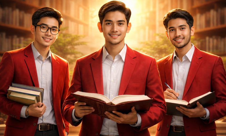 Tiga kader IMM mengenakan jas merah sambil membawa buku dan catatan, menampilkan sosok mahasiswa yang cerdas, aktif, dan berkarakter dalam suasana akademik.