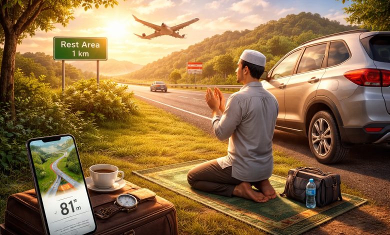 Ilustrasi realistis seorang Muslim sedang shalat di tepi jalan saat perjalanan, dengan mobil, jalan tol, dan suasana rest area sebagai gambaran rukhsah shalat bagi musafir.