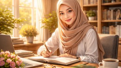 Ilustrasi realistis seorang perempuan Muslim berhijab sedang menulis dan belajar di meja kerja, menggambarkan kecantikan intelektual, semangat belajar, dan pengembangan diri.