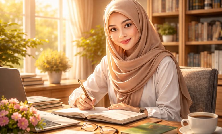 Ilustrasi realistis seorang perempuan Muslim berhijab sedang menulis dan belajar di meja kerja, menggambarkan kecantikan intelektual, semangat belajar, dan pengembangan diri.
