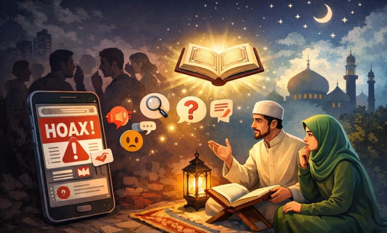 Ilustrasi dua Muslim sedang mempelajari Al-Qur’an di samping ponsel bertuliskan hoaks, menggambarkan pentingnya tabayun dan verifikasi informasi menurut ajaran Islam.