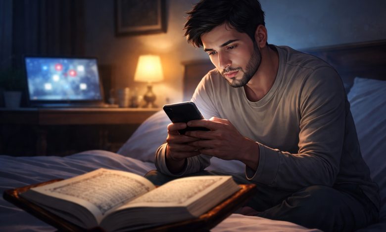 Seorang pria memandang layar ponsel pada malam hari, sementara Al-Qur’an terbuka di hadapannya, menggambarkan pergulatan antara distraksi digital dan kesadaran spiritual.
