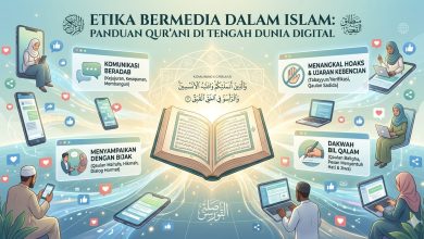 Infografik etika bermedia dalam Islam yang menampilkan Al-Qur’an di tengah elemen media digital, dengan poin utama komunikasi beradab, menangkal hoaks, menyampaikan dengan bijak, dan dakwah bil qalam.