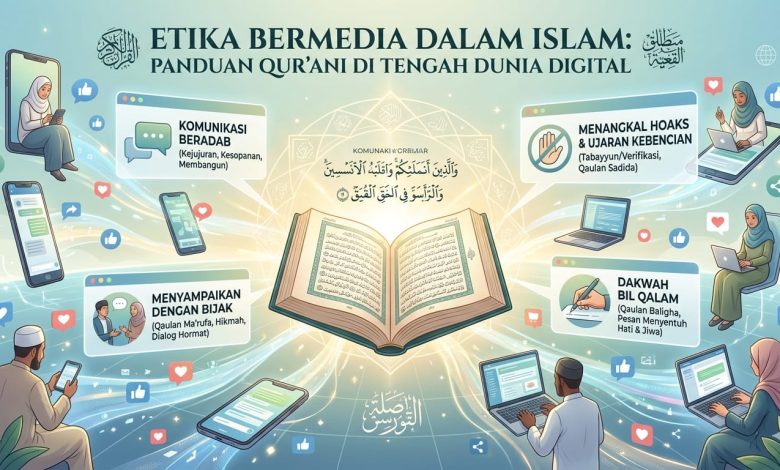 Infografik etika bermedia dalam Islam yang menampilkan Al-Qur’an di tengah elemen media digital, dengan poin utama komunikasi beradab, menangkal hoaks, menyampaikan dengan bijak, dan dakwah bil qalam.