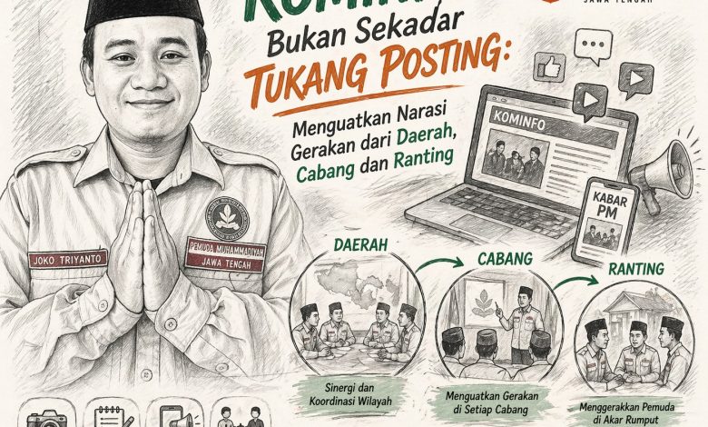 Ilustrasi Kominfo Pemuda Muhammadiyah Jawa Tengah sebagai penguat narasi gerakan kader daerah, cabang, dan ranting, bukan sekadar tukang posting.