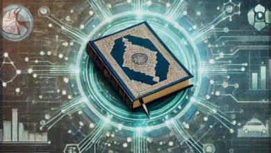 Ilustrasi mushaf Al-Qur’an di tengah visual teknologi digital dan kecerdasan buatan.