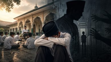Ilustrasi santri tampak tertunduk sedih di lingkungan pesantren, menggambarkan krisis kepercayaan terhadap lembaga pendidikan keagamaan.