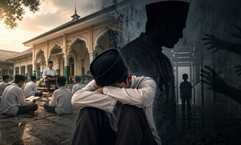 Ilustrasi santri tampak tertunduk sedih di lingkungan pesantren, menggambarkan krisis kepercayaan terhadap lembaga pendidikan keagamaan.