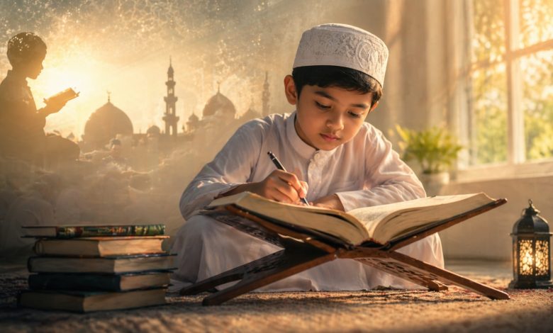 Ilustrasi anak muslim sedang belajar Al-Qur’an sejak dini dalam suasana hangat dan religius.