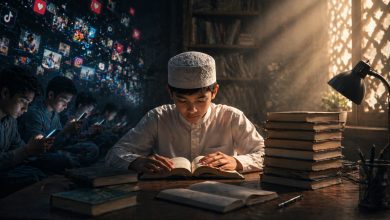 Ilustrasi anak sedang membaca buku di tengah distraksi media sosial dan penggunaan gawai.